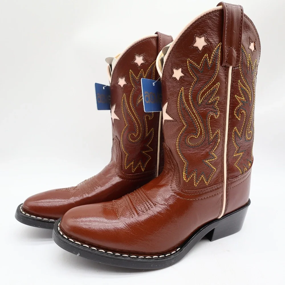Acme Western Boots Childs 1 D Brown Star Inlay Leather New In Box Vintage Style